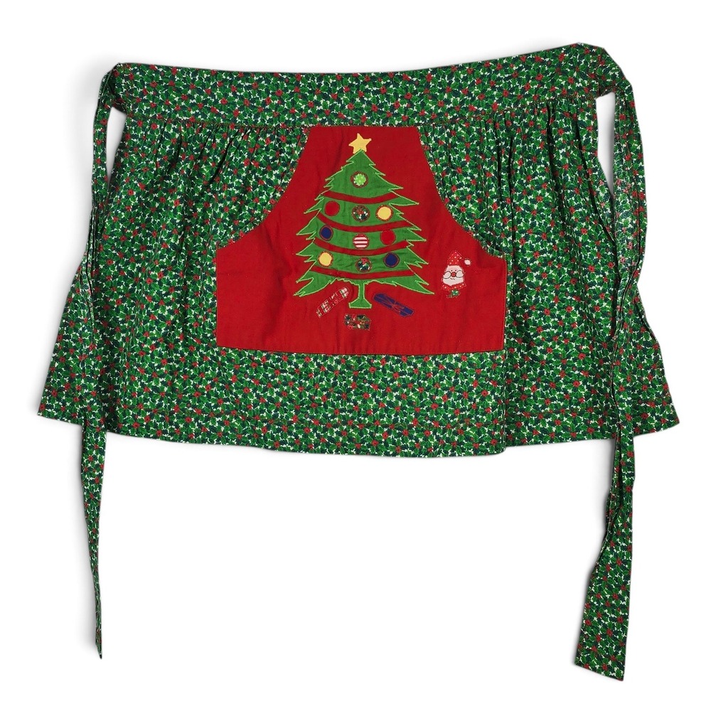 VTG Handmade Half Apron Womens OS Christmas Tree Santa Holly Green Red Holiday